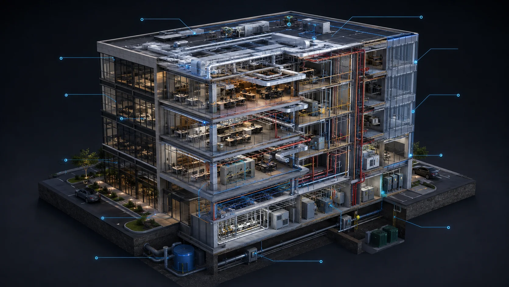 Cutaway commercial building with visible systems