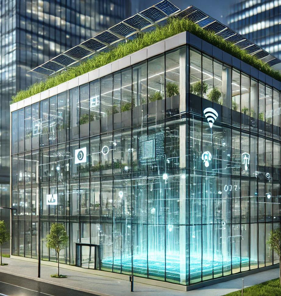 Modern glass building representing connected building systems