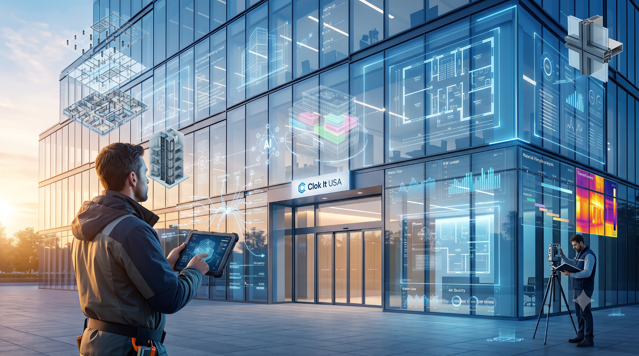 Field technician using a tablet to document a commercial building