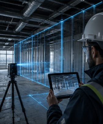Field professional documenting existing conditions with a scanner and tablet