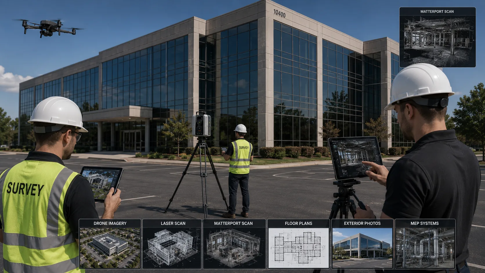 Architecture engineering and construction team documenting a commercial building