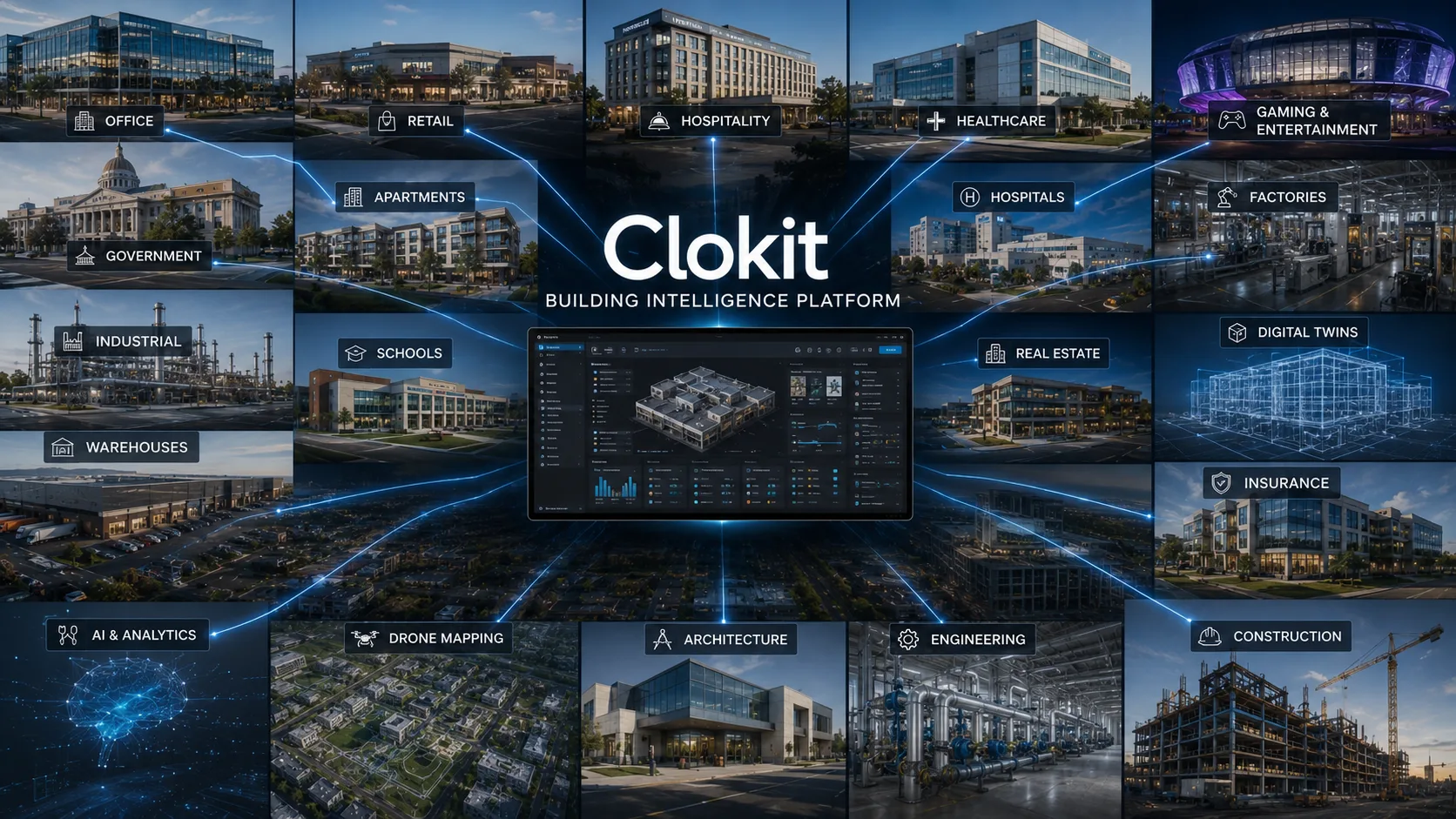 Clokit Building Intelligence platform connected to many industries