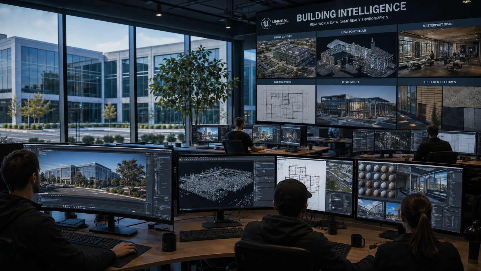 Game development studio creating environments from real building data