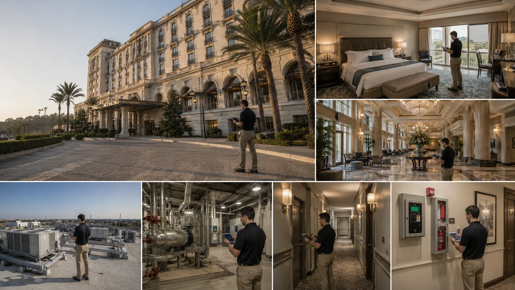 Hotel property inspection across guest rooms and building systems