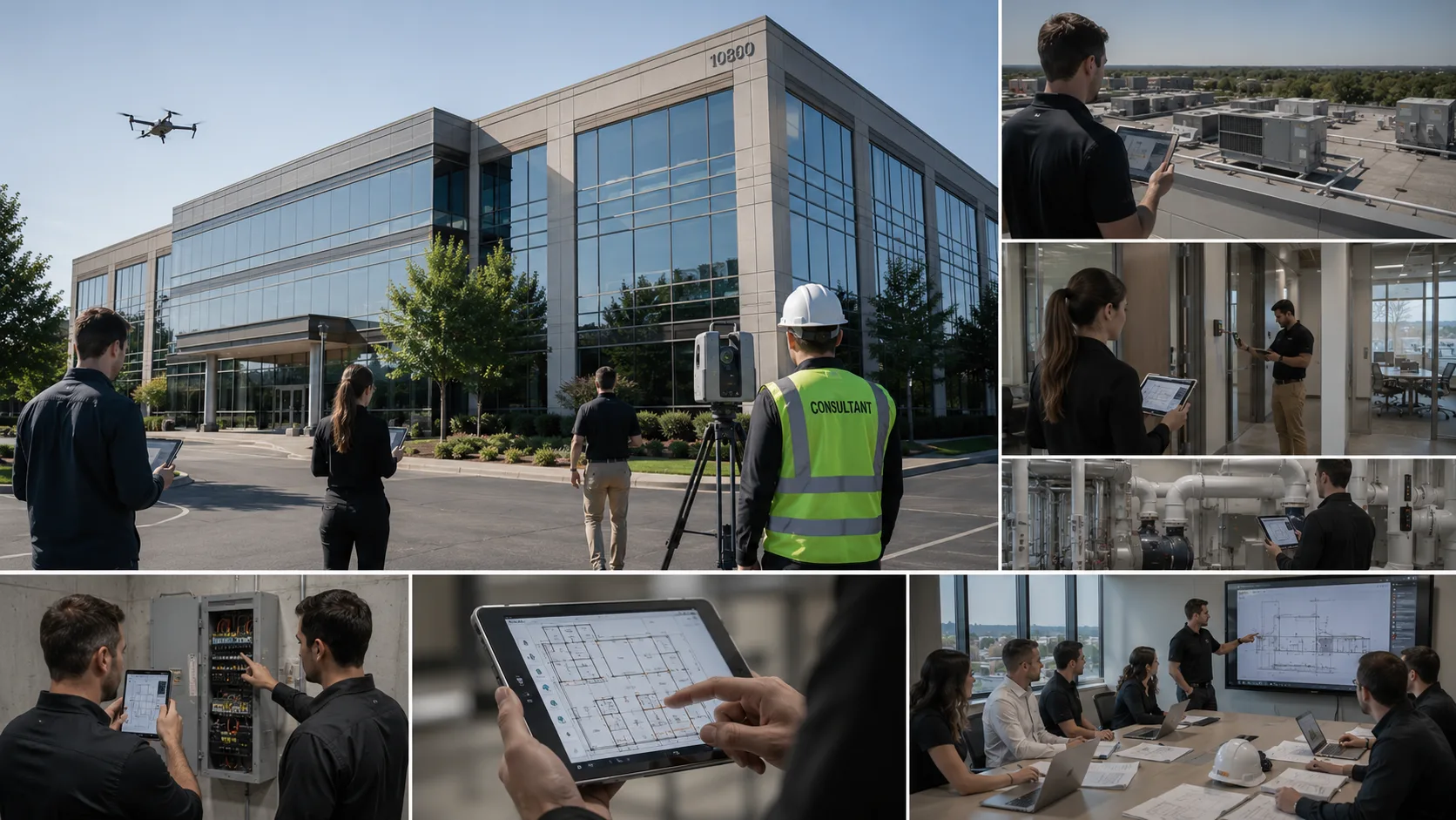 Commercial office building being surveyed with drones, scanners, and tablets