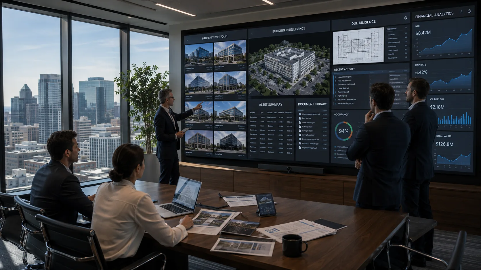 Commercial real estate team reviewing portfolio building intelligence