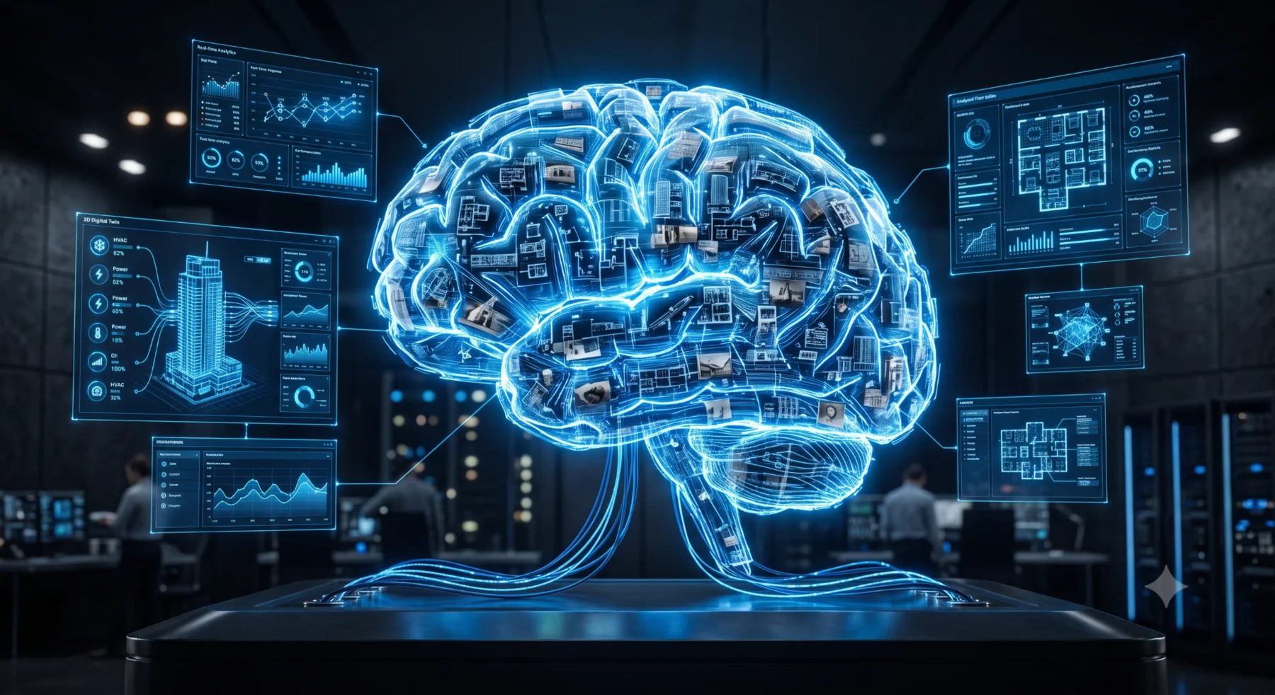 Clok AI visualized as building knowledge connected to analytical dashboards