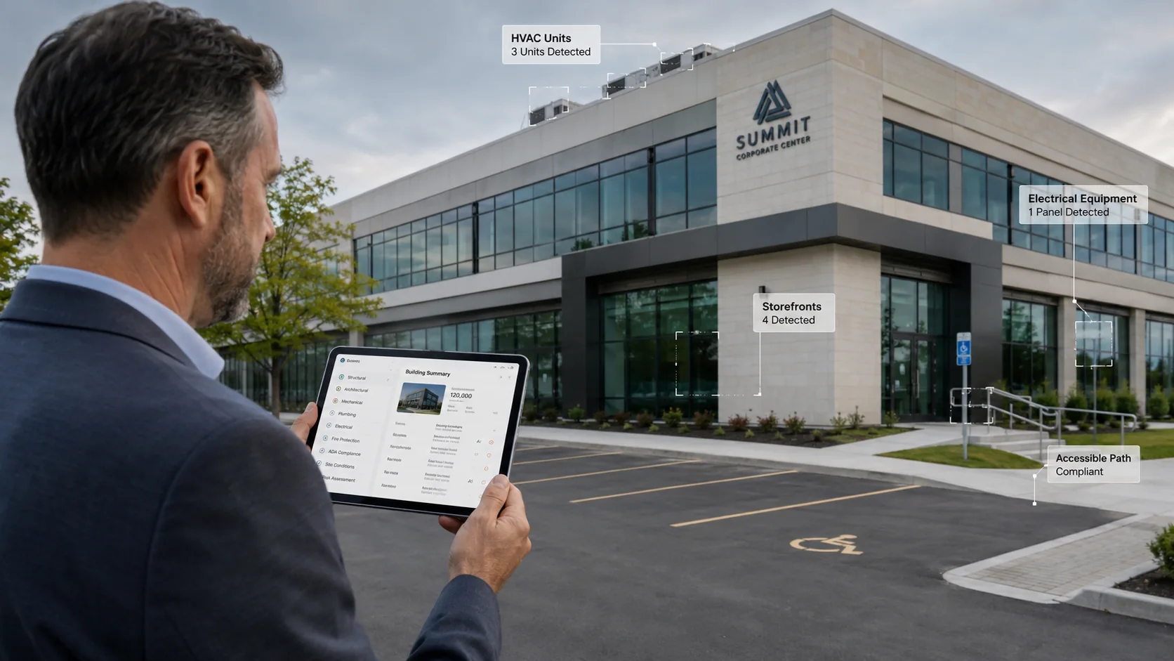 Professional reviewing a commercial building assessment