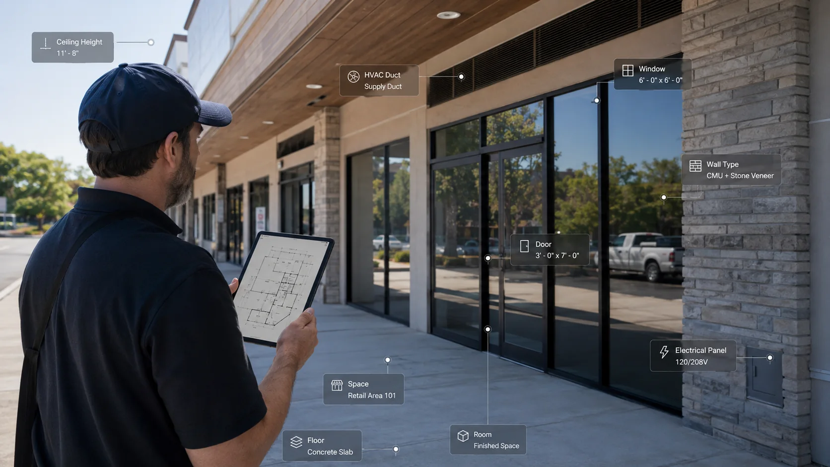 Field professional documenting an existing commercial building